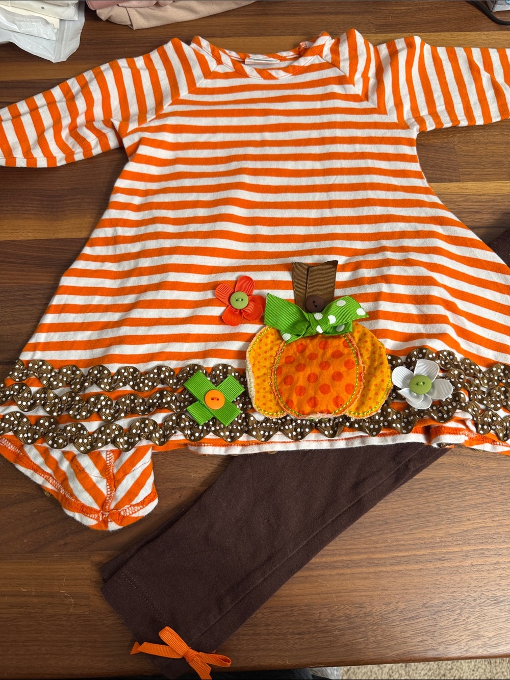 Peaches and Cream Girls Orange & White Striped Pumpkin Tunic with Brown Leggings